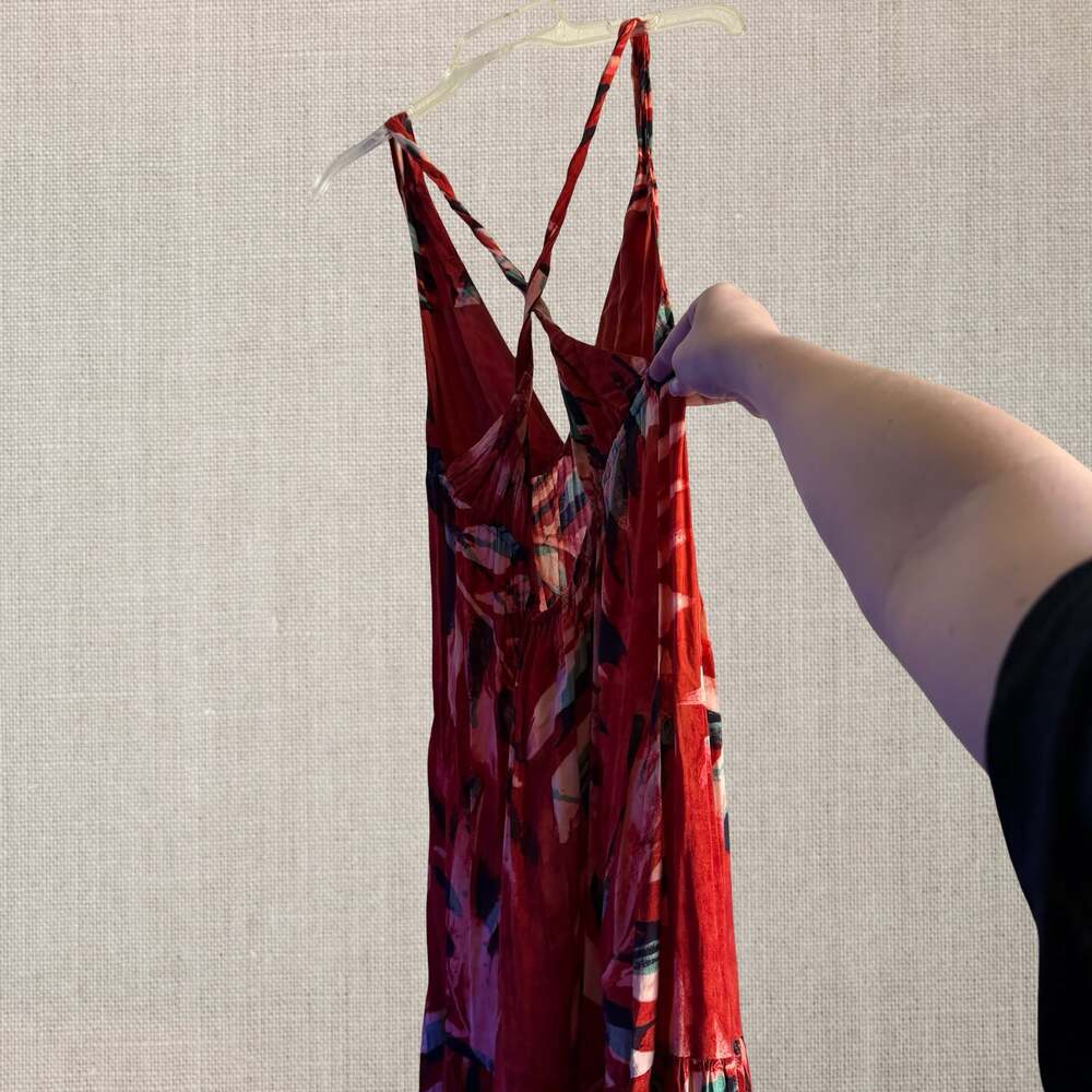 Anthropologie Red Tropical Print Deep V-Neck Tiered Maxi Dress tropical goddess - Picture 5 of 12
